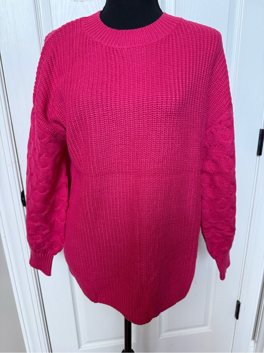 Bright Fuchsia Crewneck Cable Sleeve Sweater - Women